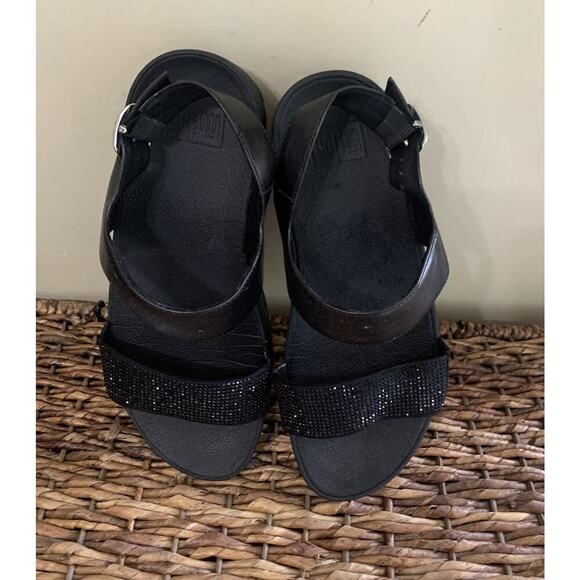 FitFlop Women's Lulu Crystal Embellished Back-Strap Sandals Wedge Black 9 - Picture 1 of 9